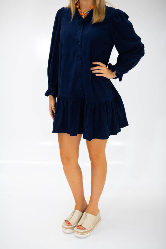 Navy Corduroy Ruffle Trim Dress