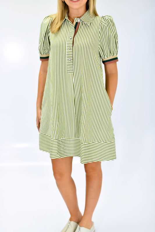 The Harbor Stripe Shirt Dress-Olive