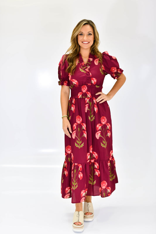 The Crimson Bloom Midi Dress
