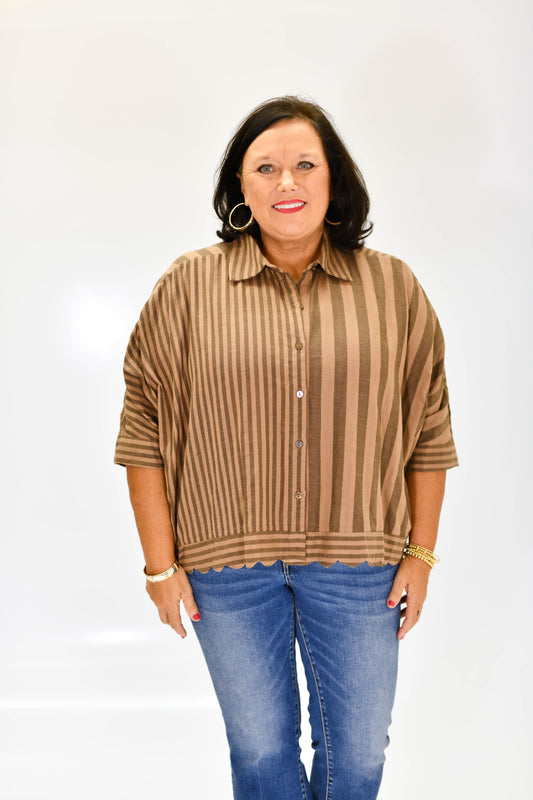 Mocha Stripe Scallop Top