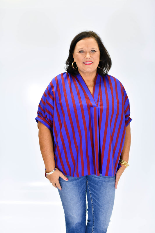 Varsity Stripe Popover Top-Red