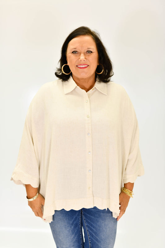 Curvy Linen Scallop Button-Down-Oatmeal