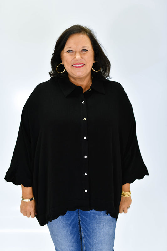 Curvy Linen Scallop Button-Down-Black