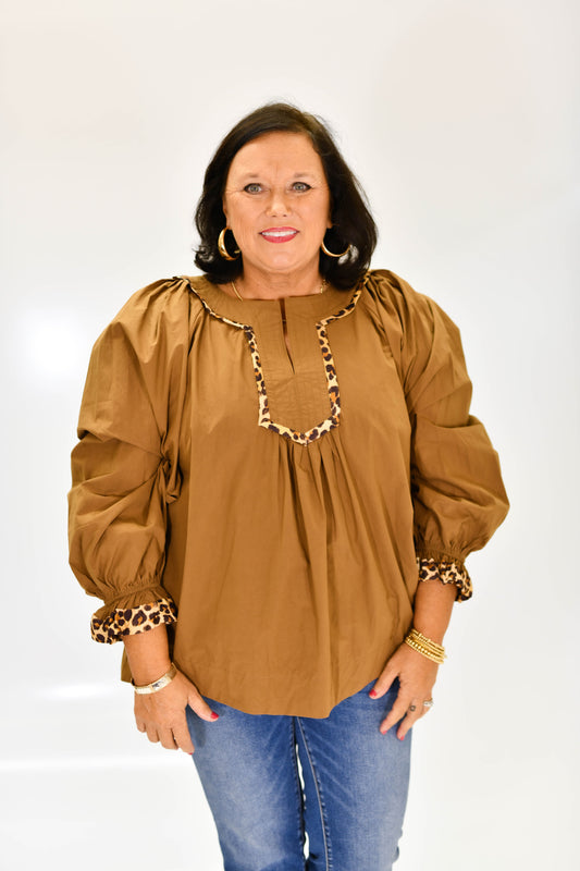 Leopard Trim Long Sleeve Blouse