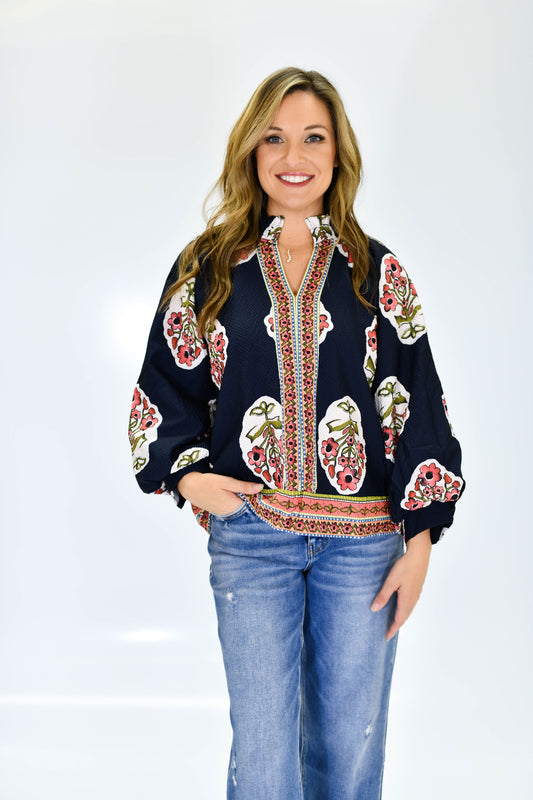 Boho Bloom Top-Navy