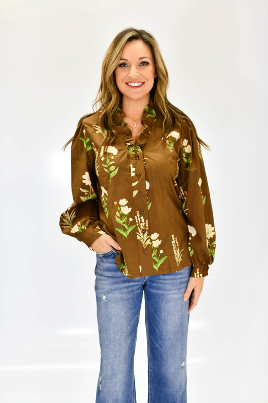 Meadow Ruffle Blouse-Brown