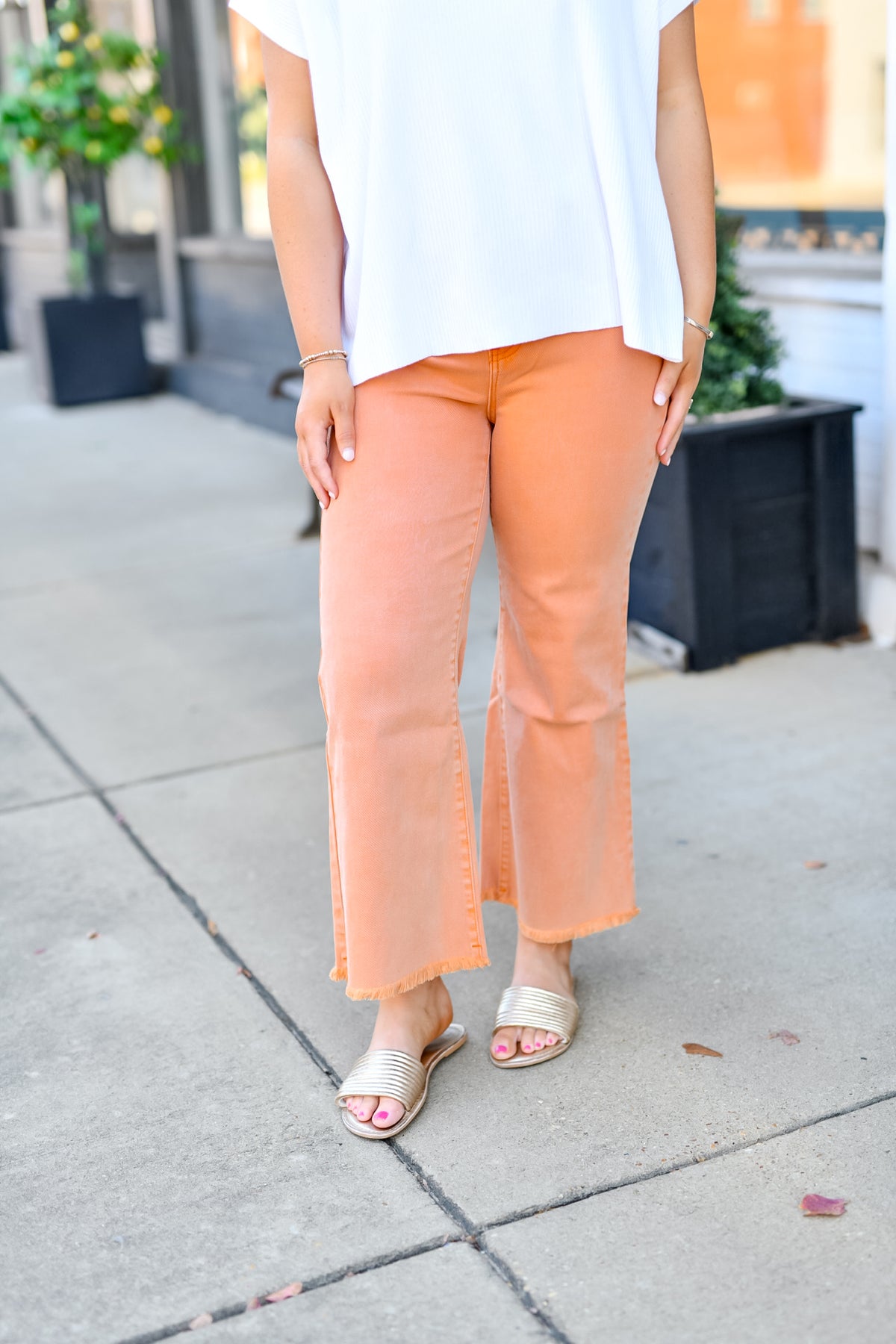 Acid Washed High Waist Frayed Hem Straight Pants-Orange