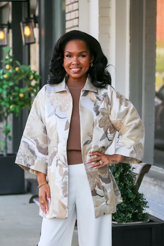 Floral Jacquard Print Kimono Jacket in Taupe Mix