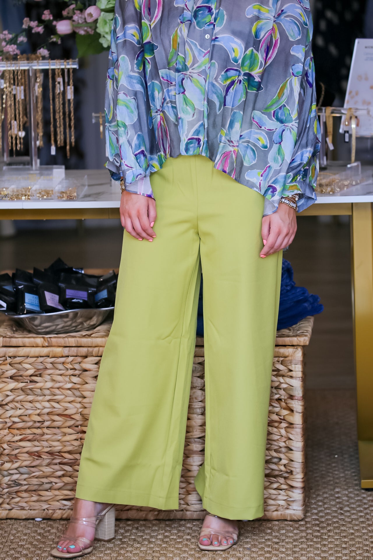 High-Waisted Wide Leg Pants in Lime