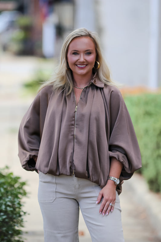 Balloon Pleated Detail Jacket in Mocha