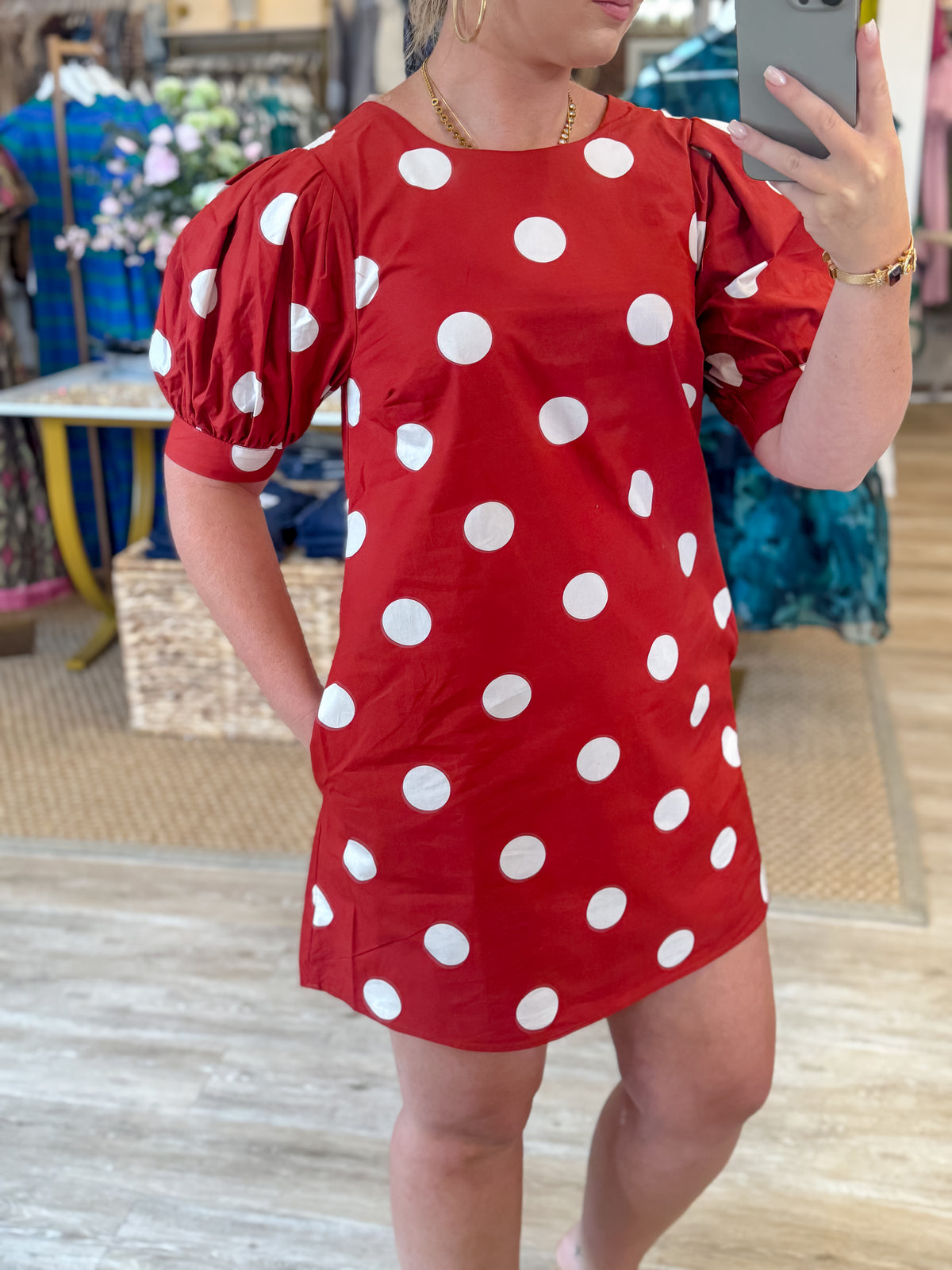 Puff Sleeve Polka Dot Mini Dress-Crimson/Off White