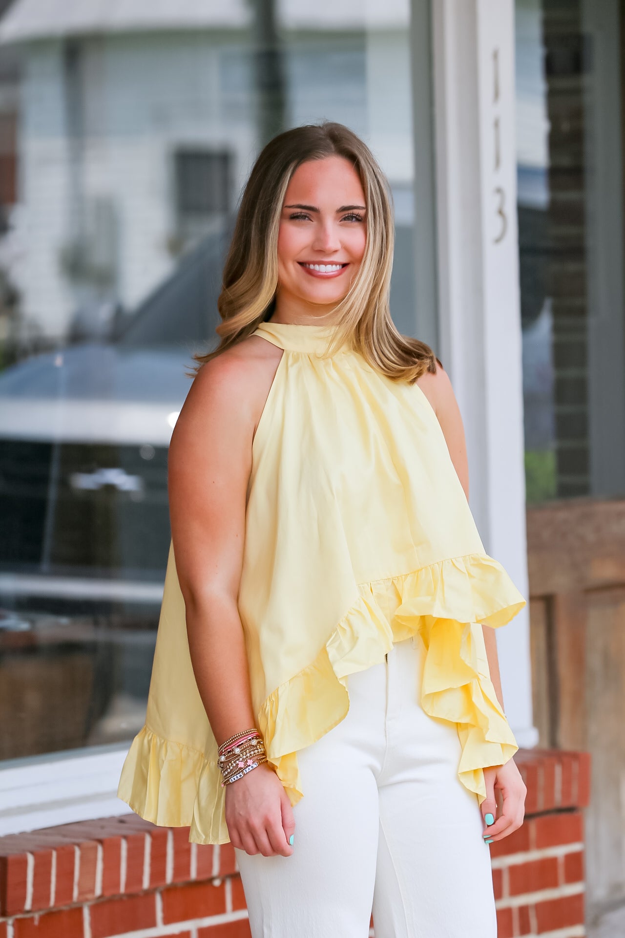 Halter Ruffle Tiered High-Neck Top-Butter Yellow