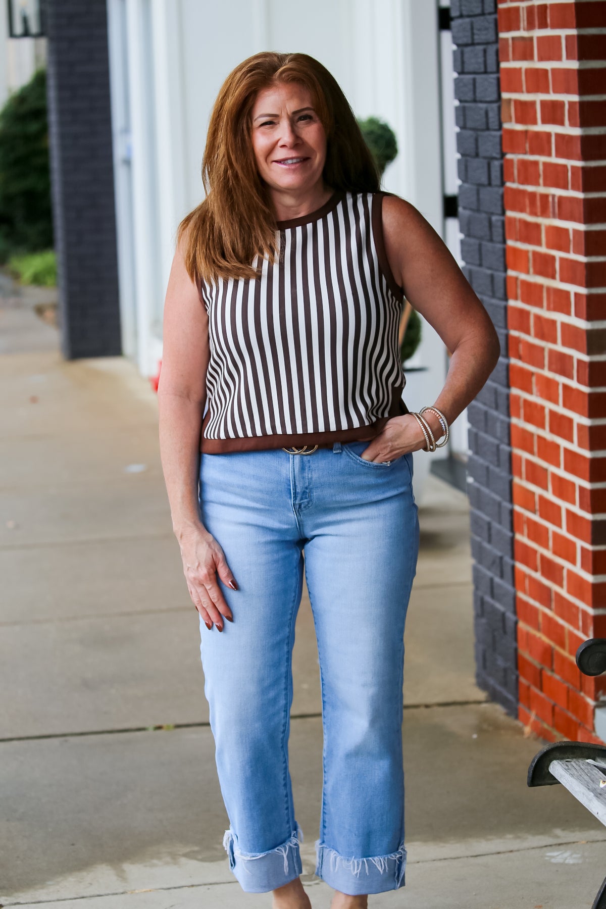 Stripe Sleeveless Round-Neck Top in Brown