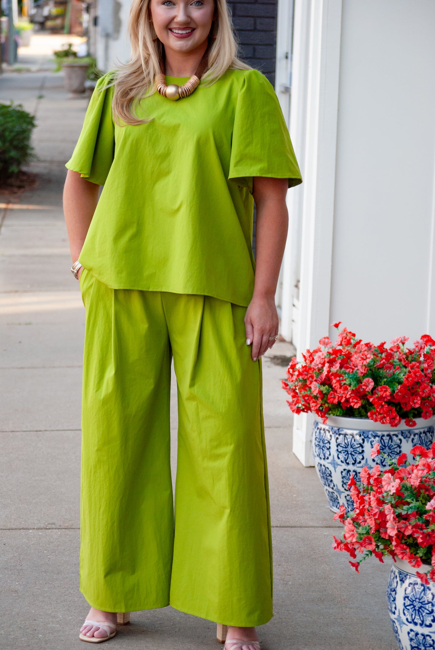 Adele Premium Poplin Wide-Leg Pants in Green