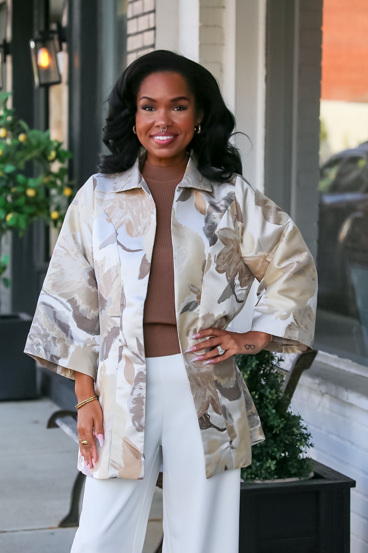Floral Jacquard Print Kimono Jacket in Taupe Mix