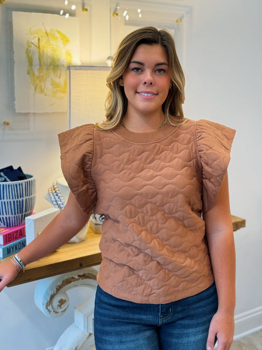 The Quilted Ruffle Sleeve Top in Mocha