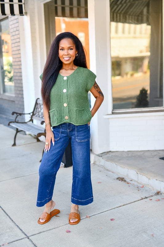 Gold Button Sweater Vest in Army Green