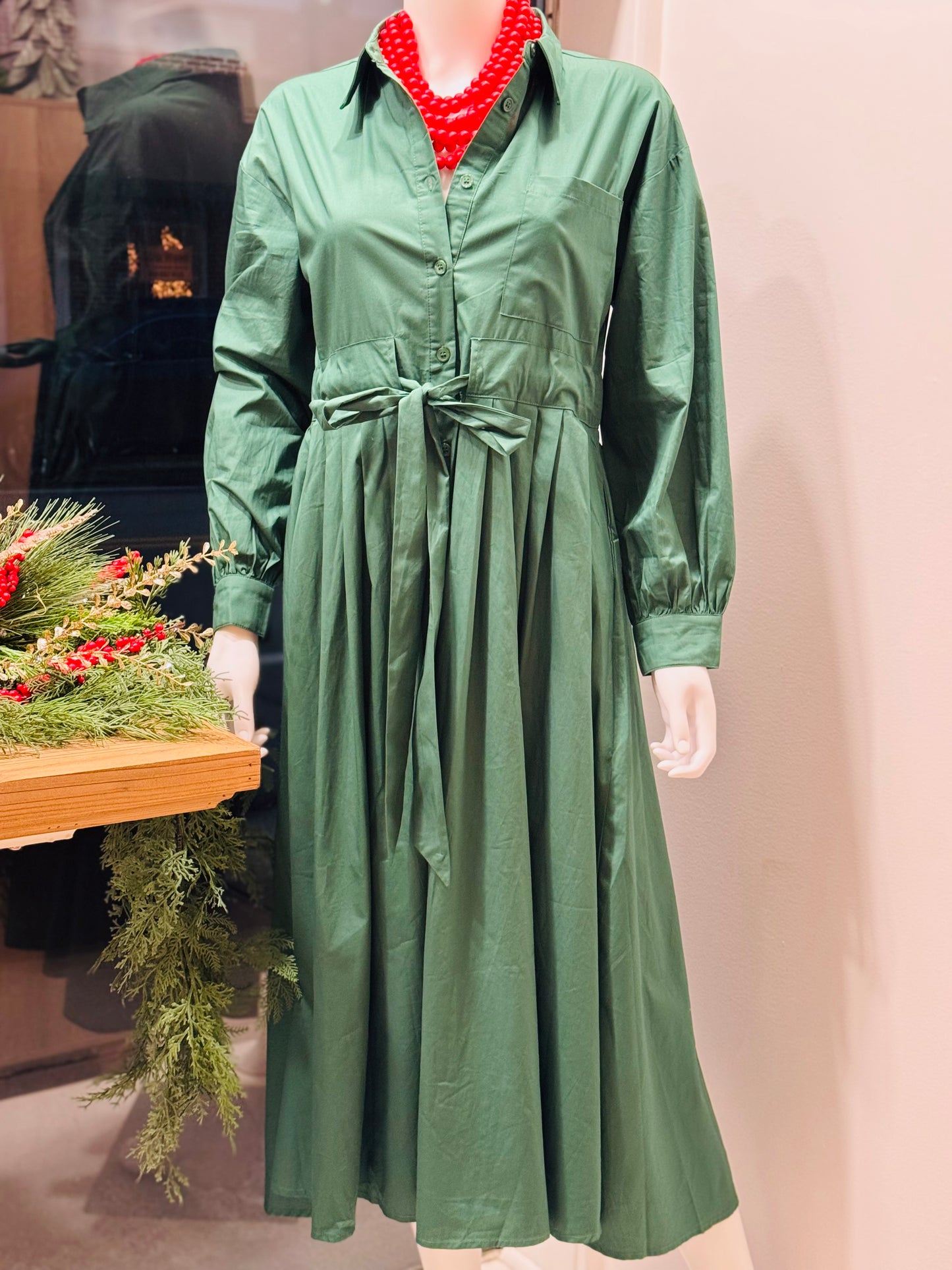 Pleat Accent Button Down Midi Dress