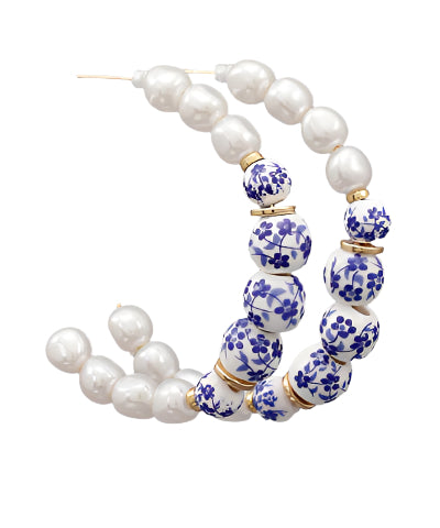 Printed Ball & Pearl Hoops-Blue