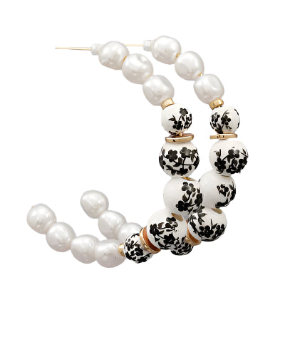 Printed Ball & Pearl Hoops-Black