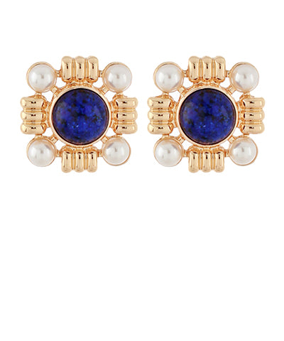 Stone & Pearl Earrings-Navy