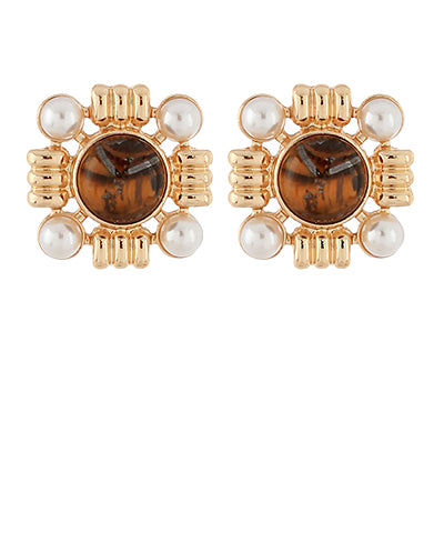 Stone & Pearl Earrings-Tiger Eye