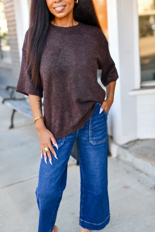 Short Sleeve Oversized Sweater in Dark Brown