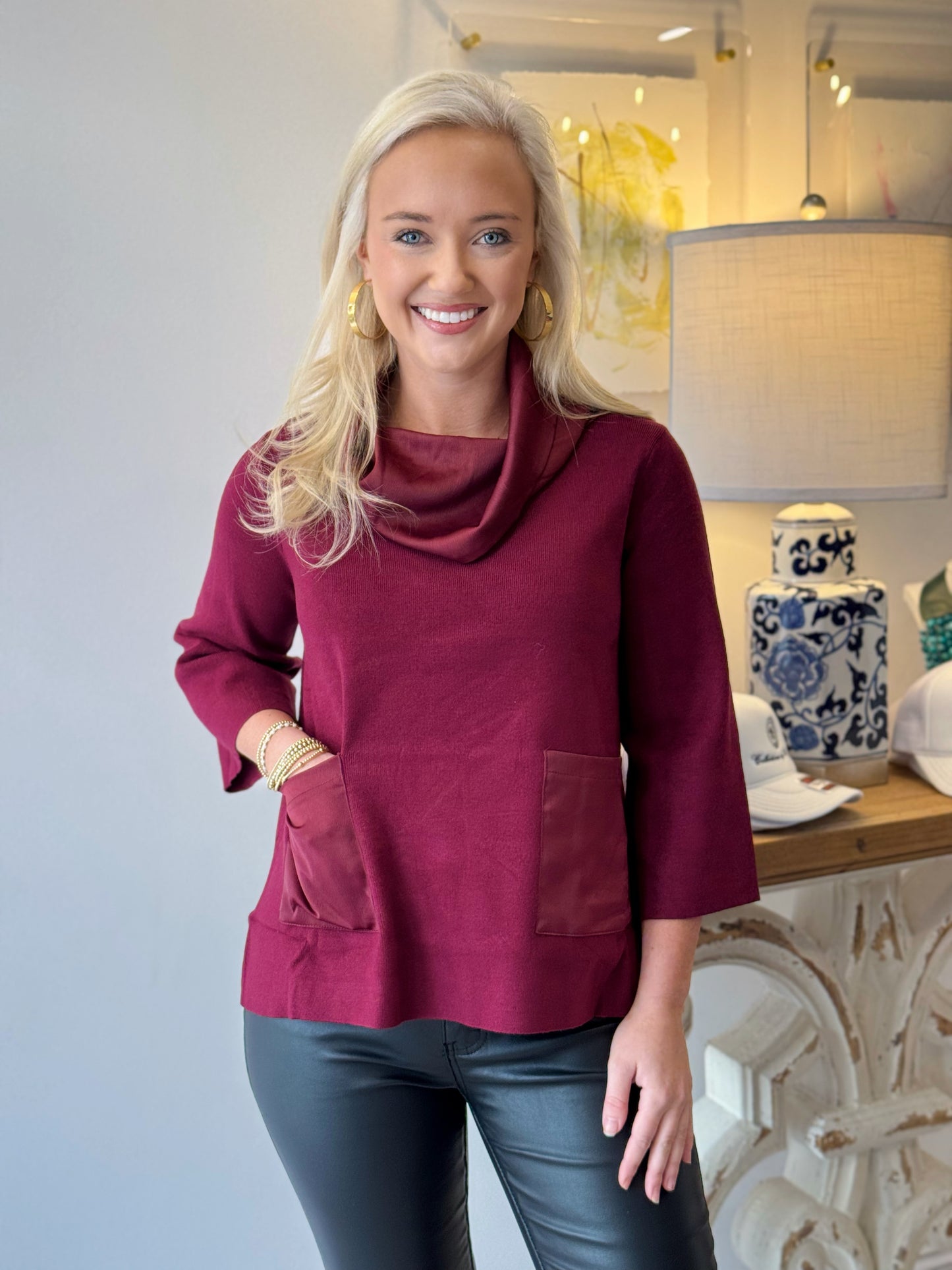 The Kaci Cowl Neck Sweater in Burgundy