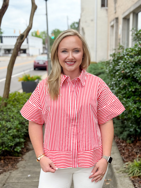 Essential Stripe Button-Up in Red
