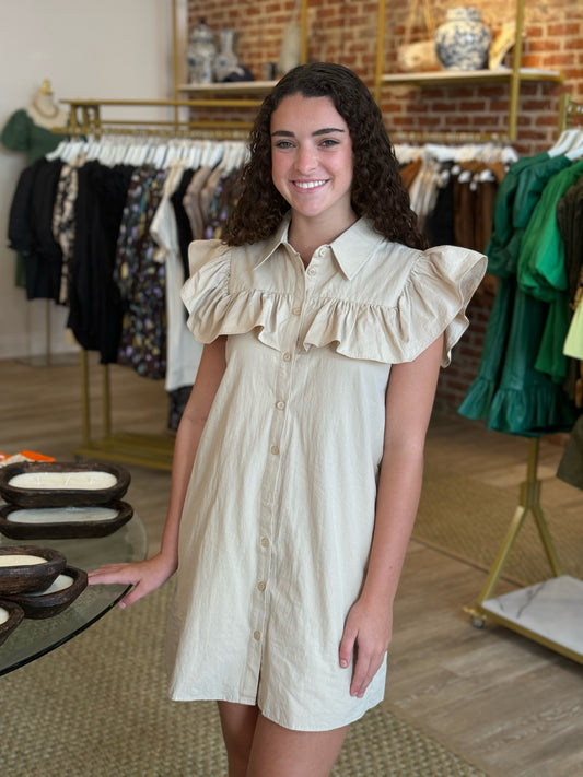 The Collin Ruffle Dress in Beige