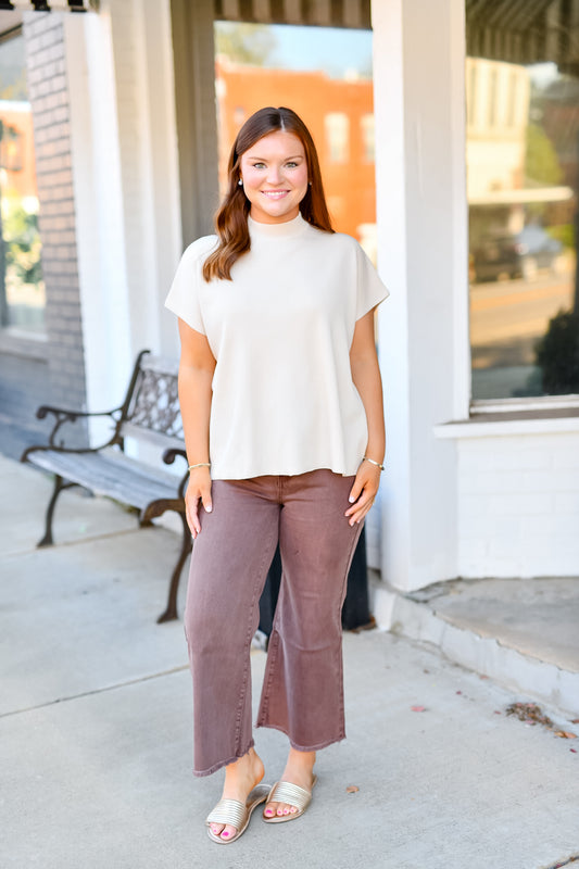 Acid Washed High Waist Frayed Hem Straight Pants-Rum Brown