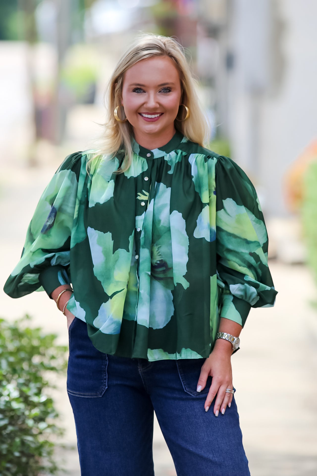 Voluminous Floral Print Blouse in Olive