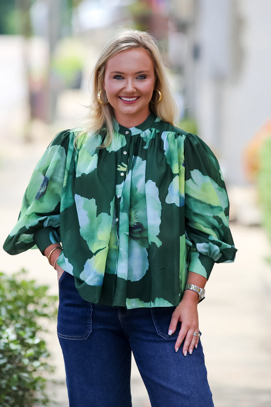Voluminous Floral Print Blouse in Olive