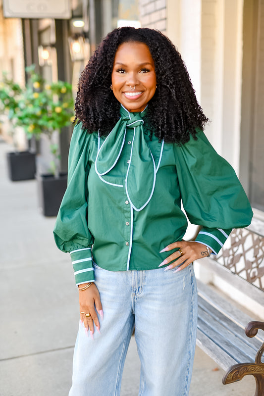The Prim & Proper Bow Blouse in Hunter Green