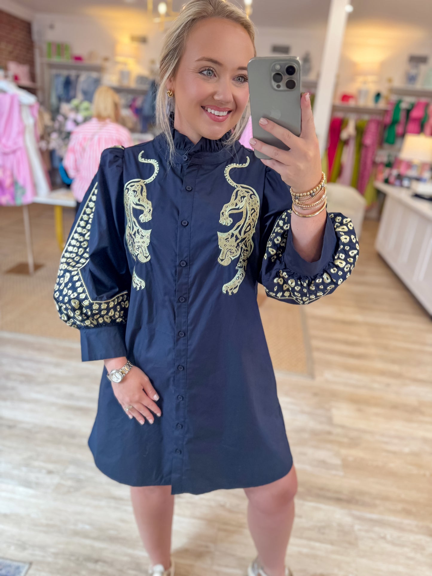 Leopard Embroidered Dress in Navy