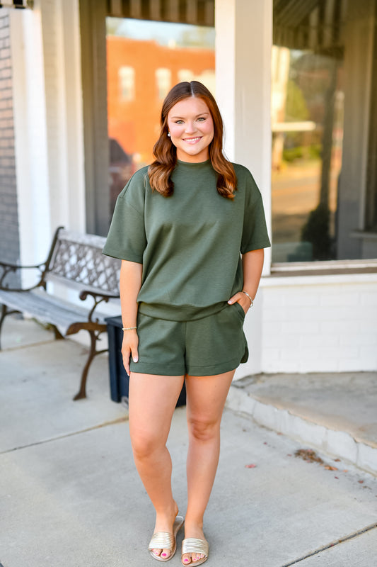 Scuba High Neck Top & Shorts Set in Dark Olive