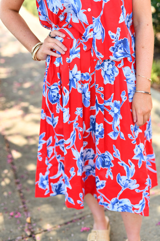 Blue China Bloom Skirt in Red