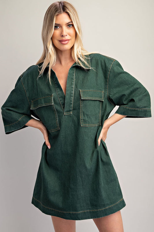 The Alex Denim Dress in Hunter Green