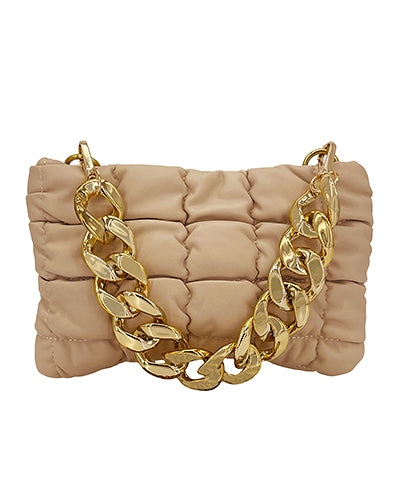 Link Chain Handle Quilted Bag-Khaki