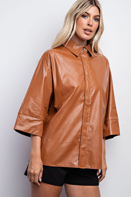 The Dawn Button up Faux Leather Top in Camel