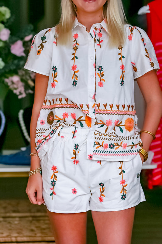 Floral Embroidered Short Sleeves & Shorts Set