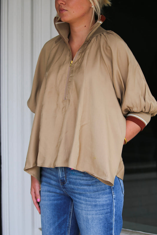 Victory Zip Blouse- Taupe