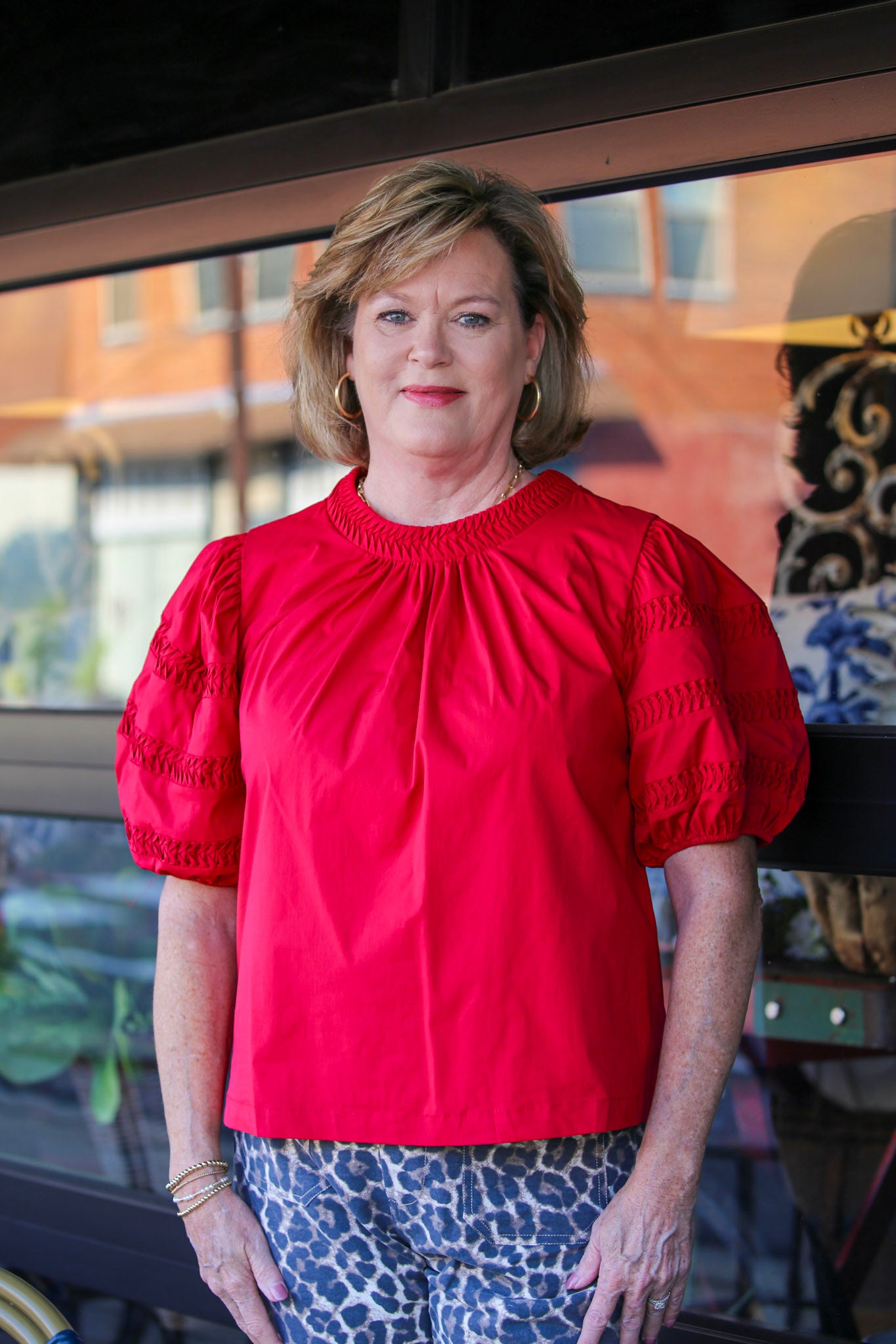 Pintuck Puff Sleeve Top in Red