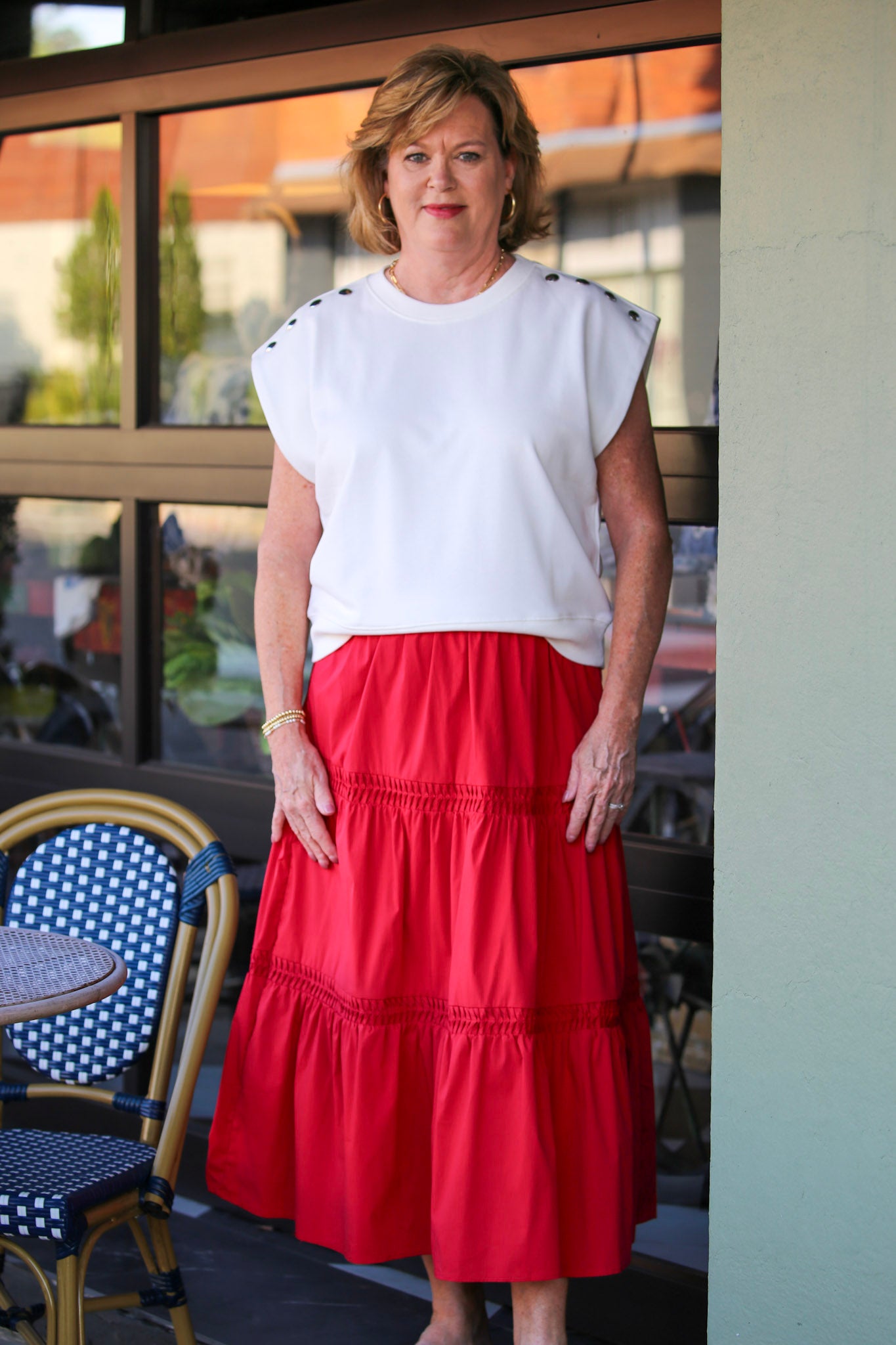 Pintuck Tiered Midi Skirt-Red