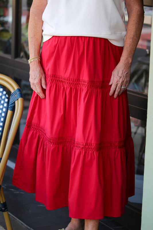 Pintuck Tiered Midi Skirt-Red