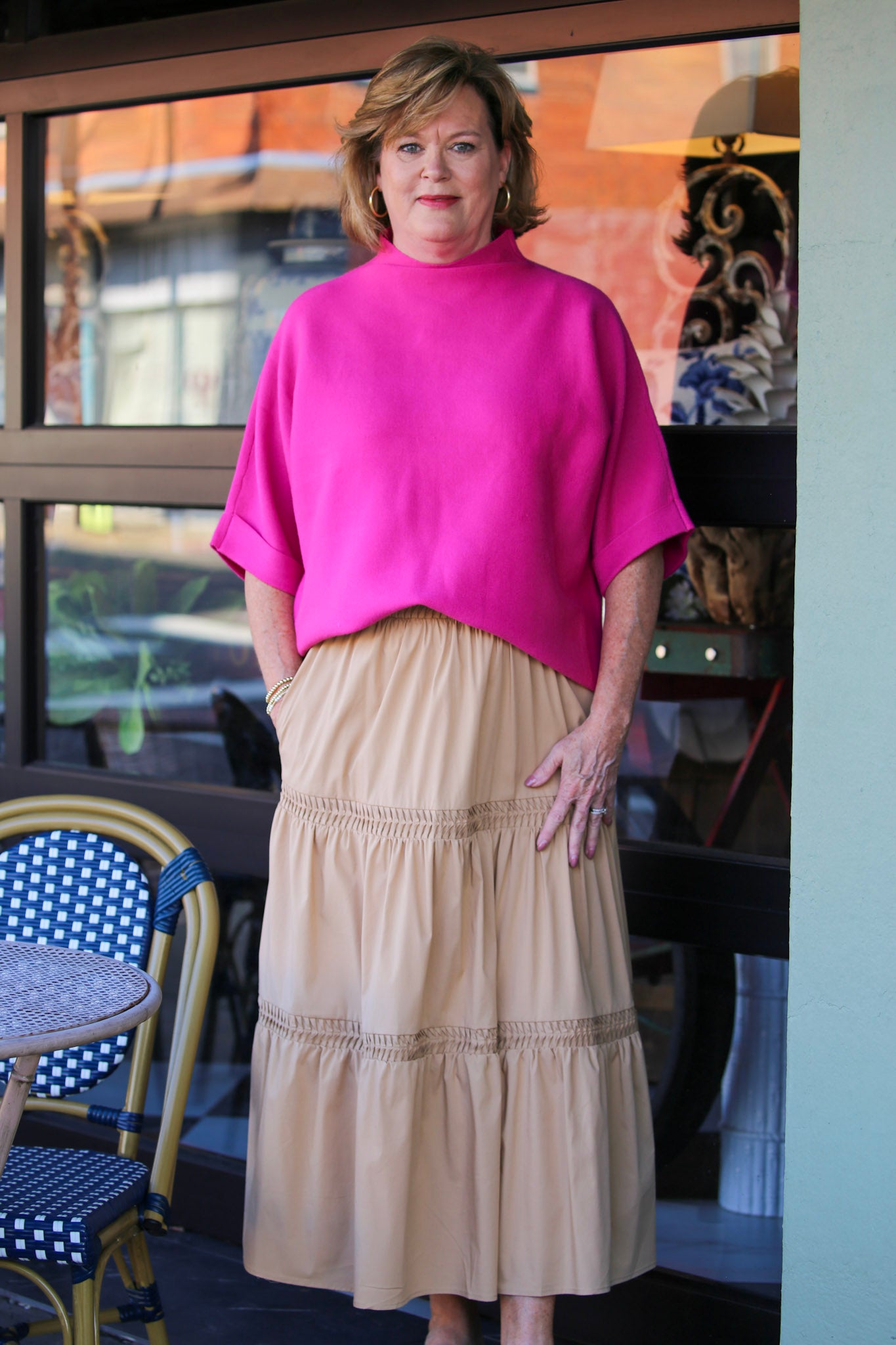 Pintuck Tiered Midi Skirt-Tan