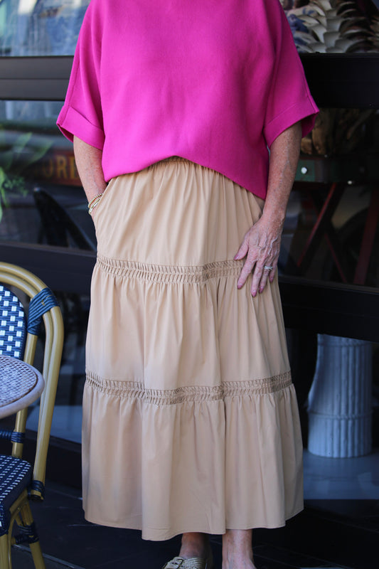 Pintuck Tiered Midi Skirt-Tan