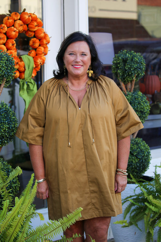 Tie-Neck Popover Dress-Camel