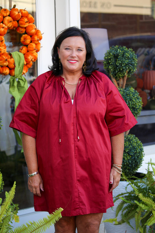 Tie-Neck Popover Dress-Wine