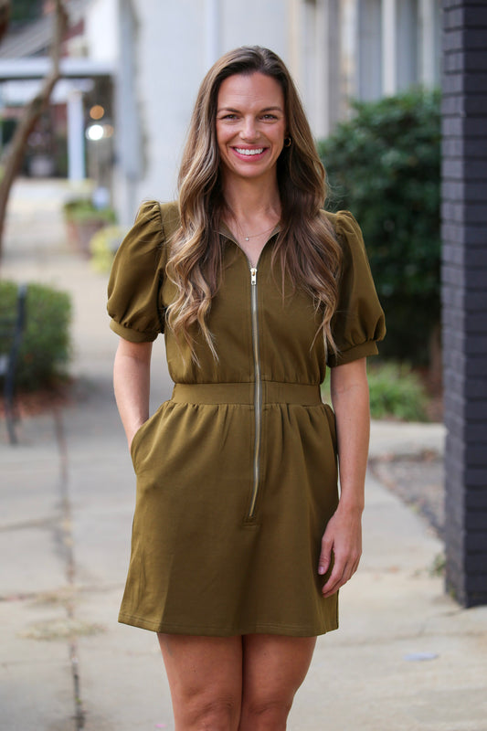 The Knox Zip Dress in olive